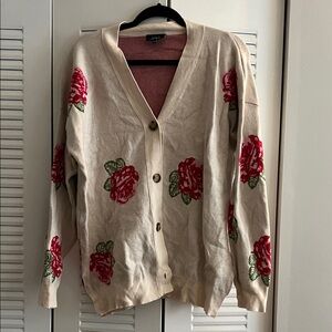 Vici Beige Cardigan with Red Floral Design